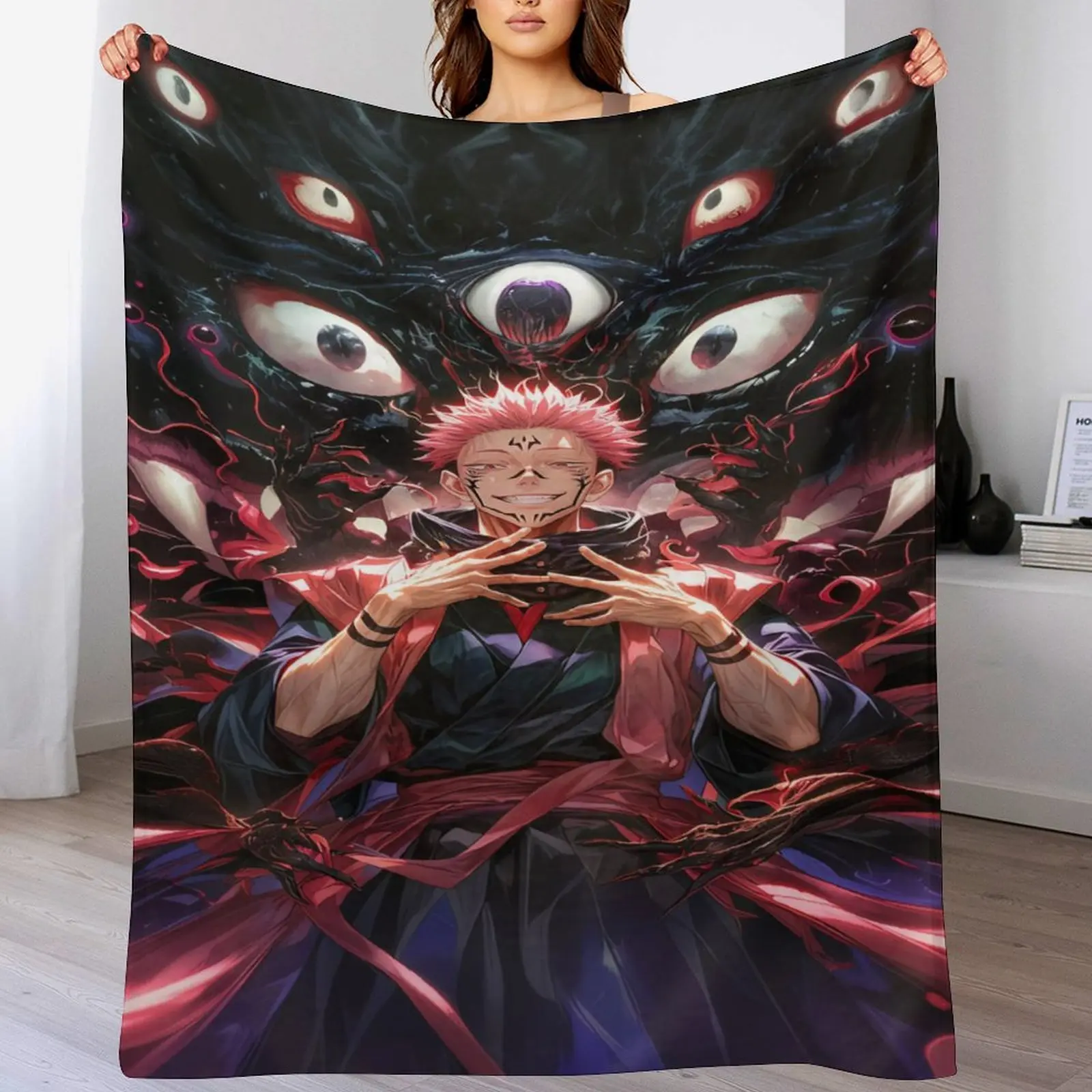 Ryomen Sukuna Throw Blanket Anime Flannel Blanket Soft Cozy Blanket for Bedroom Couch Sofa All Season Decorative Blanket for Fans