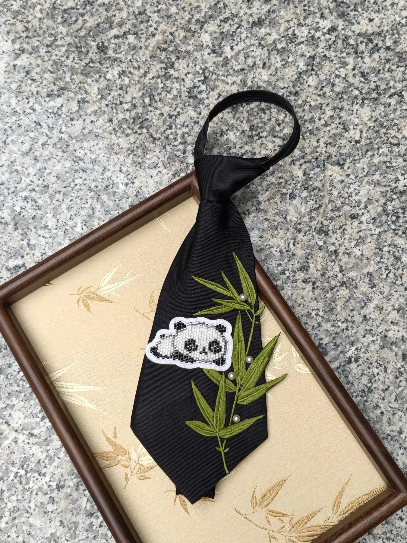 Chinese Style Panda Bamboo Embroidery Pre-Tied Tie, Anti-Crease Necktie, Adjustable Elastic Band, Perfect for Hanfu & Western Wear