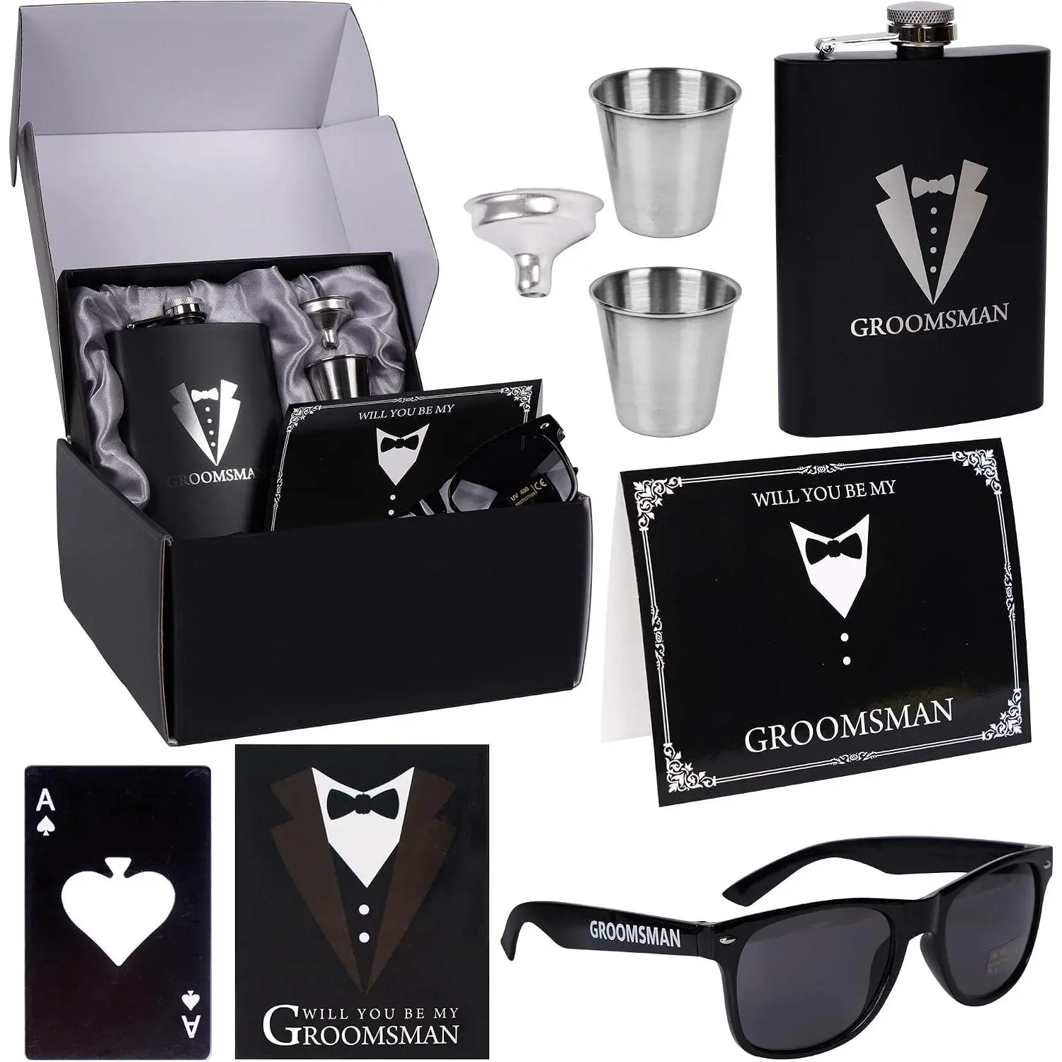 6 count Groomsmen Gifts Groomsman Proposal Wedding Party Box Set:8oz Stainless Steel Tuxedo Flask with cups  Bottle Cap Opener Sunglass Card Sticker Groomsman Box for Wedding Bachelor Party