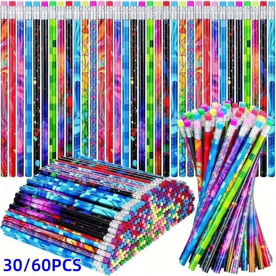 Wooden Pencil with Eraser, 30/60pcs Colorful Pencil, Writing Pencil, Affordable Pencil, Stationery Supplies for Home School Office, Birthday Gift