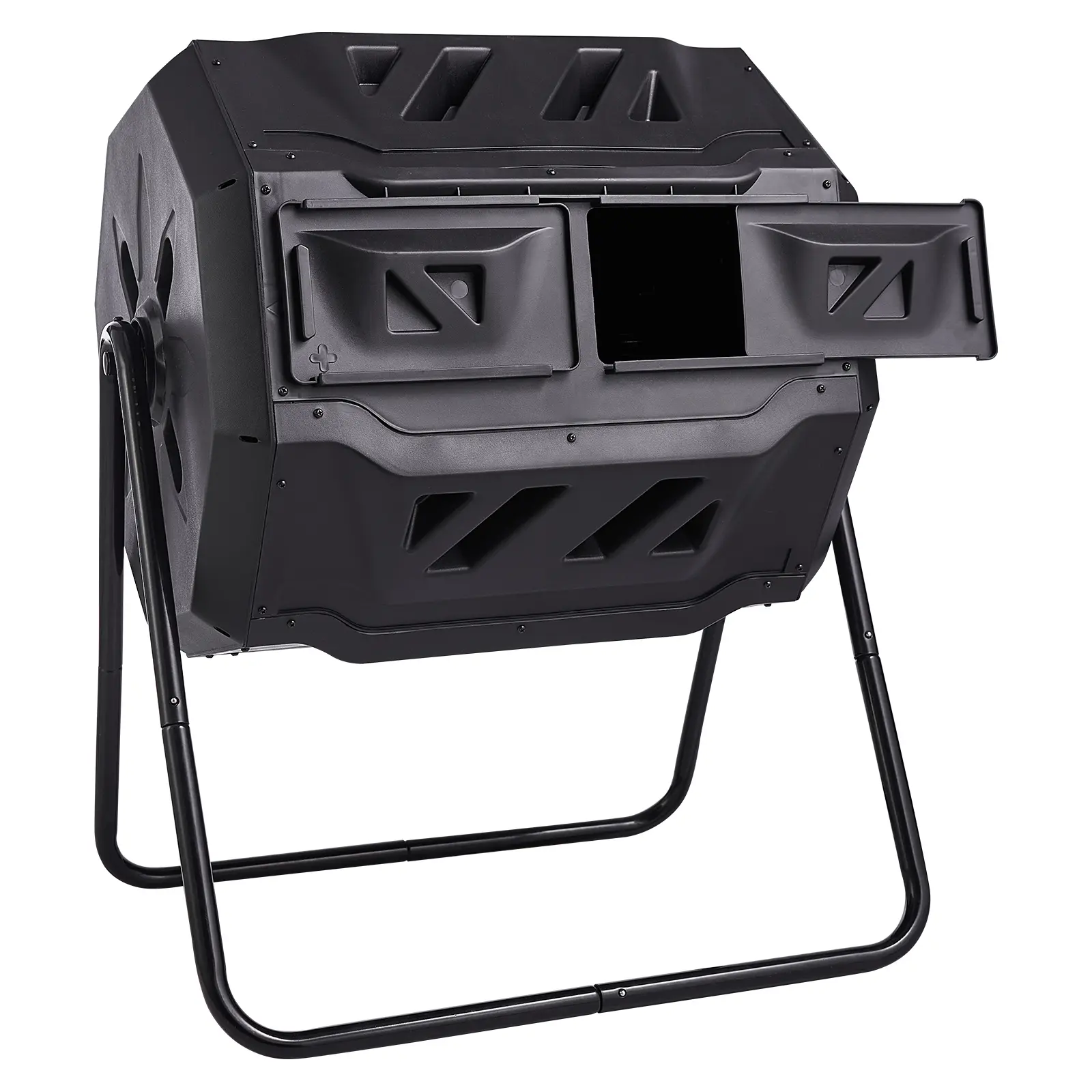 Compost Bin, gal Dual Chamber Composting Tumbler, 110 lbs / 50 kg Maximum Load Capacity, PP+Q235B Construction, Large Tumbling Rotating Composter with 2 Sliding Doors and Steel Frame
