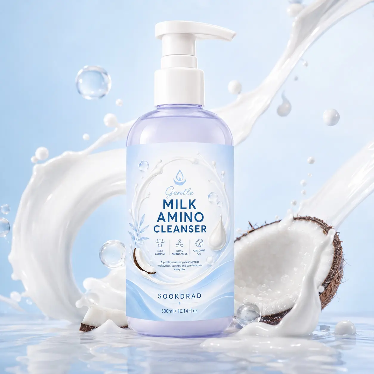 Gentle Milk Amino Cleanser, milk extract, dual amino acids, coconut oil, moisturizing, soothing, nourishing, daily use, 300ml/10.14 fl oz