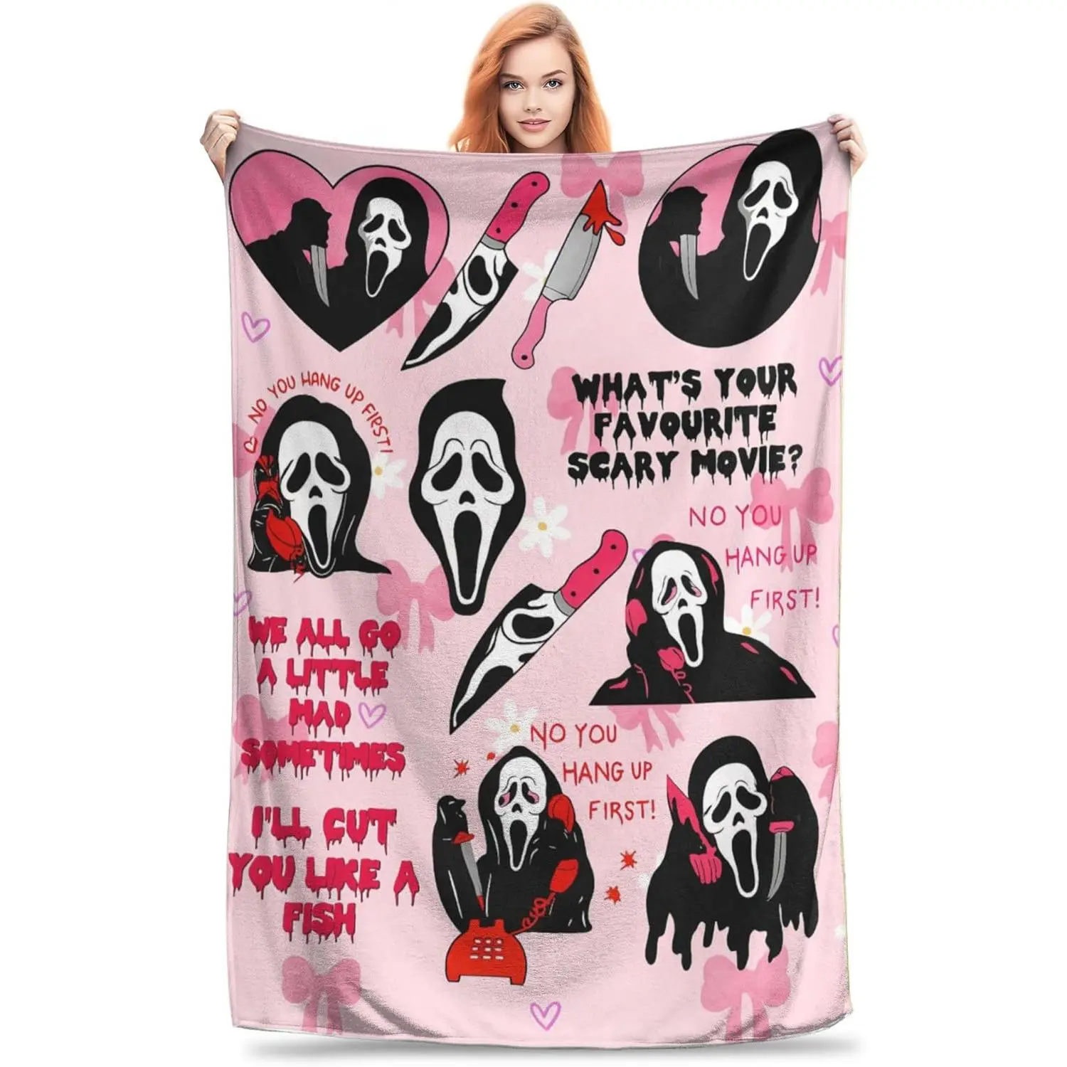 Pink Coquette Ghostface All-Over Repeat Flannel Throw Blanket - Gothic Chic Horror Film Fan Warm Gift, for Home Dorms, Travel Camping, Gothic Cute Collectors of All Ages
