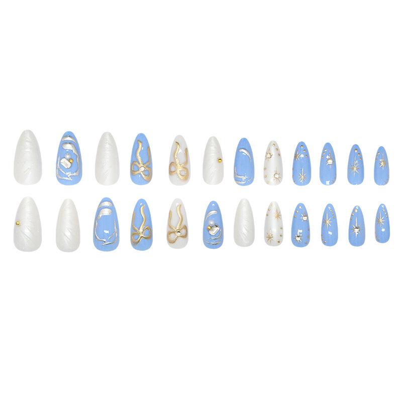 Elegant Ocean Blue Rhinestone Decorated Butterfly Nail Art Set, Removable European Style Manicure Tips with Star Pattern Rhinestones, 24pcs Glossy Finish Nails