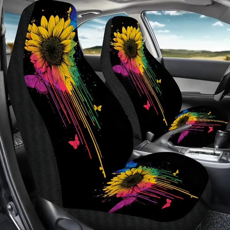 A Universal Single Seat Cover for Cars Featuring a Valentine'S Day Sunflower Butterfly Print, Easy to Clean, Car Seat Accessories, Four-Season Front Seat Cover Compatible with Sedans, Suvs, Trucks