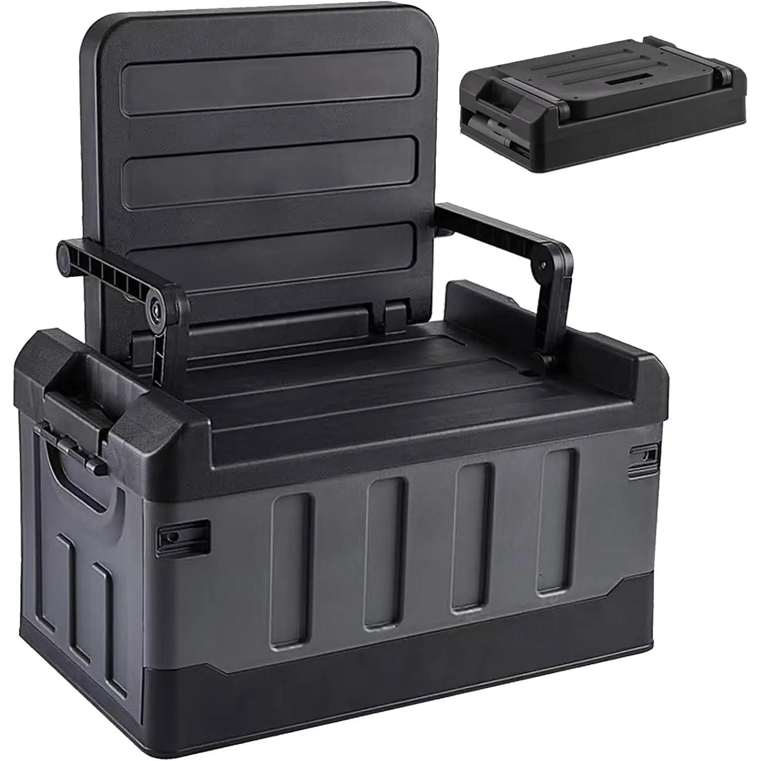 Portable Foldable Seatable Camping Box Car Organizer - 60L High-Impact Recyclable Plastic Heavy-Duty Storage Bin with Lid, Reinforced Handle for Camping, Traveling (Black)