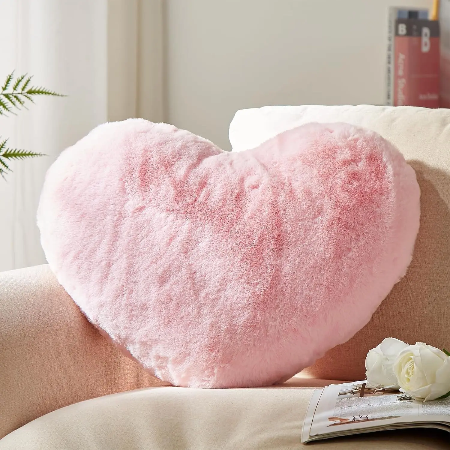 Heart Pillows, Love Heart Shaped Pillow, Small Cute Pink Heart Pillows for Gifts, Faux Rabbit Throw Pillows for Her, Kids, Girls Home Decoration, 10X11 Inch