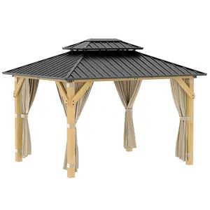 10x12 FT Heavy Duty Hardtop Wooden Gazebo with Double Galvanized Steel Roof & Wood Grain Frame, Waterproof Outdoor Pavilion with Netting & Curtains, Permanent Shelter for Backyard, Deck, Lawn & Garden