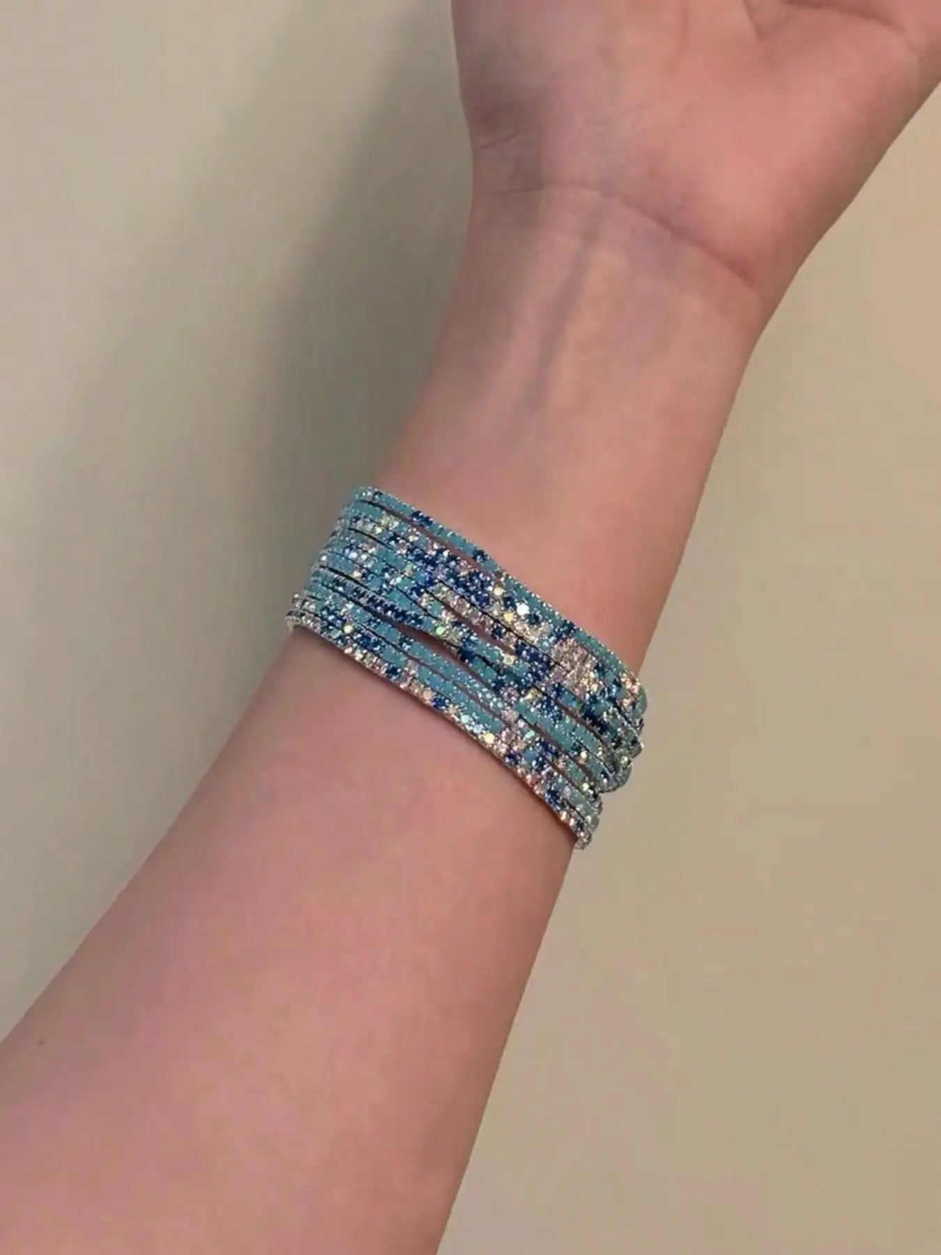 Multi Layer Stacked Blue Gradient Rhinestone Bracelet, Sparkly Shimmer Crystal Wide Cuff, Elegant Summer Beach Party Jewelry for Women