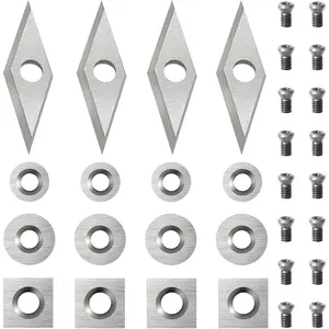 32pcs Carbide Lathe Tungsten Cutters Inserts Set for Wood Lathe Turning, Includes 11mm Square Radius, 12mm 8.9mm Round, 30x10mm Diamond Inserts and Screws
