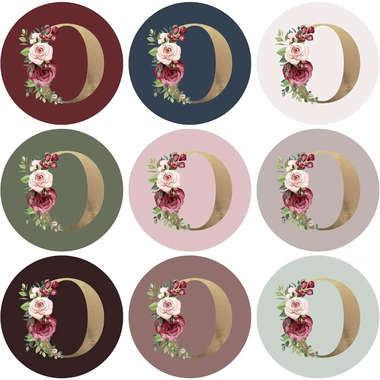 Monogram O Initial Stickers  Foil 1.4 Inch 90 count |  Foil Initial Envelope Seals Letter O Stickers 9 Chic Color , Wedding, Floral Envelop Stickers Seals