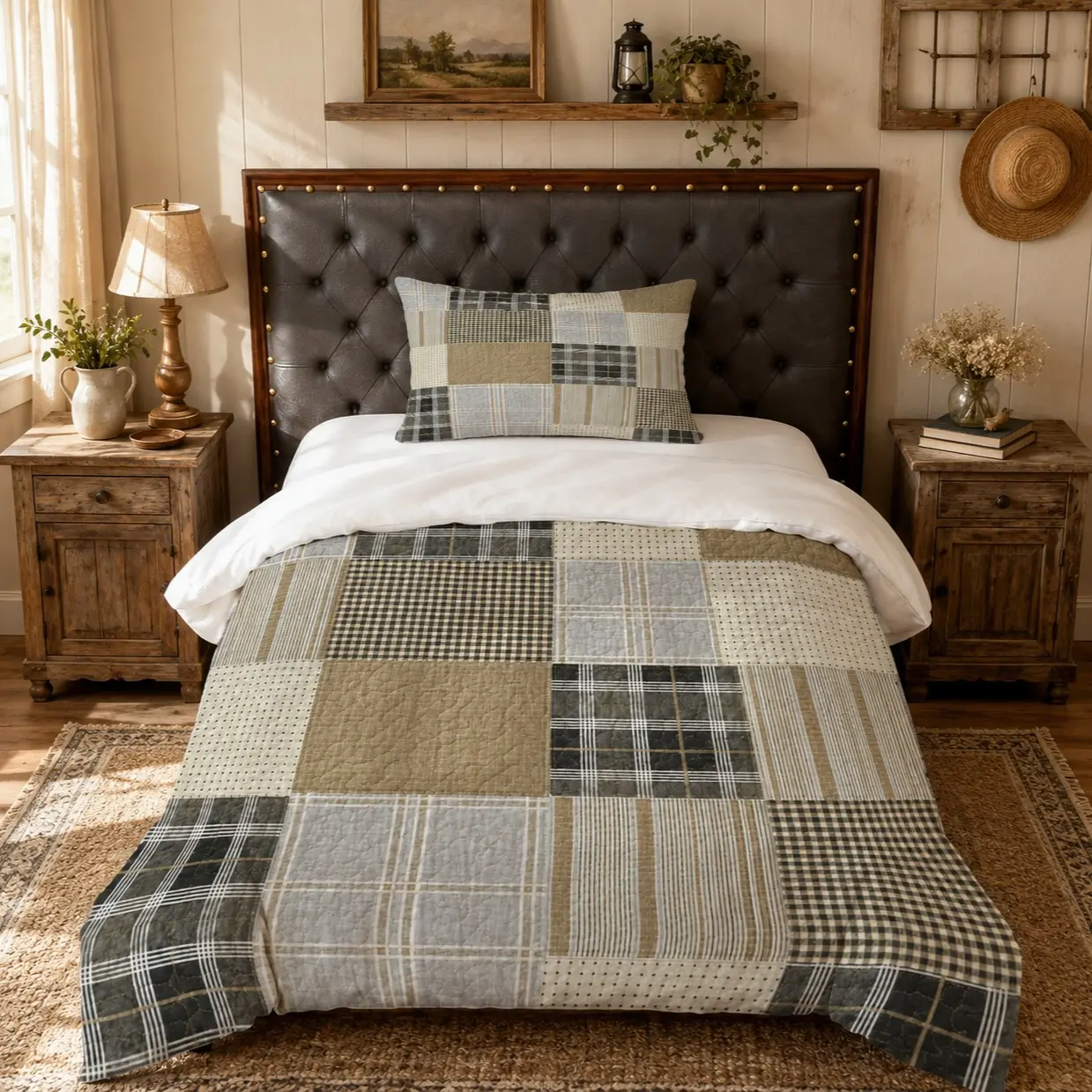 Vintage Patchwork Plaid Duvet Cover Set, 2/3 Piece (1 Duvet Cover + 1/2 Pillowcases, No Inserts), Soft Breathable Skin-friendly Fabric, for Teens & Adults, Farmhouse Master & Guest Bedrooms