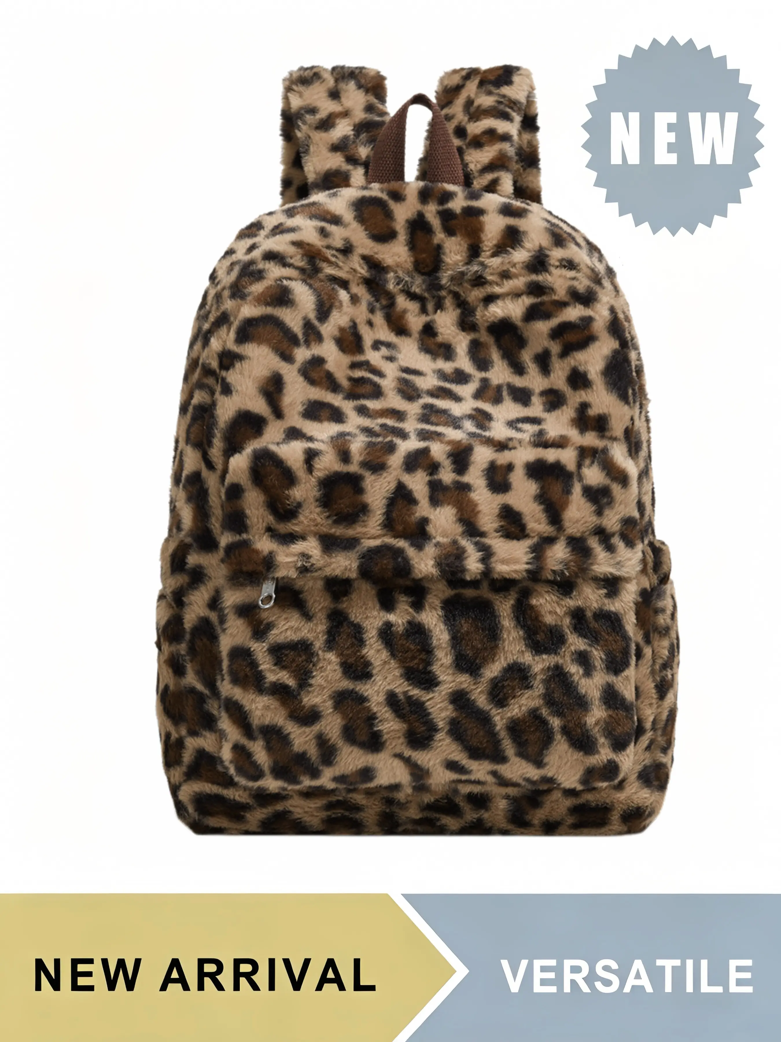 Soft Fluffy Faux Fur Backpack for Women Teen Girls, Leopard Checkerboard Plush Daypack with Front Pocket & Side Bottle Pocket, Large Capacity Casual Bookbag, Multiple Colors Available, Perfect for Daily School Travel Hiking Picnic Outdoor Activities