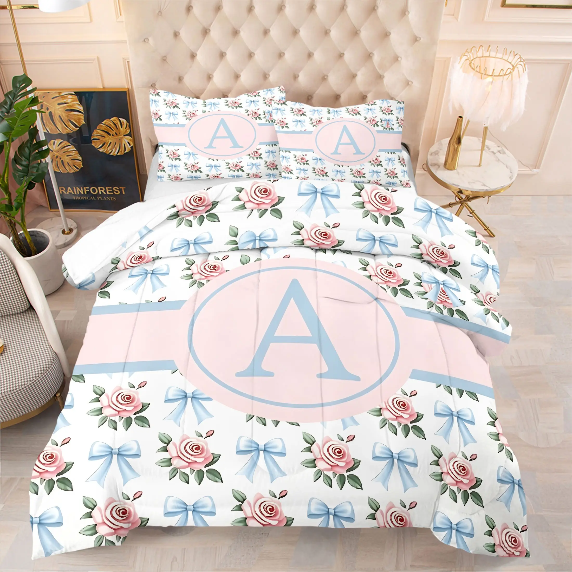 2/3Pcs Blue Bowknot Rose Initial Letter A-Z Comforter Set, Princess Florals Green Leaves Print Quilt Bedding Set with Pillowcases, Cute Coquette Girly Bow Bedding for Teen Girls Women Kids Bedroom Dorm, Soft Warm Bedding