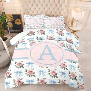 2/3Pcs Blue Bowknot Rose Initial Letter A-Z Comforter Set, Princess Florals Green Leaves Print Quilt Bedding Set with Pillowcases, Cute Coquette Girly Bow Bedding for Teen Girls Women Kids Bedroom Dorm