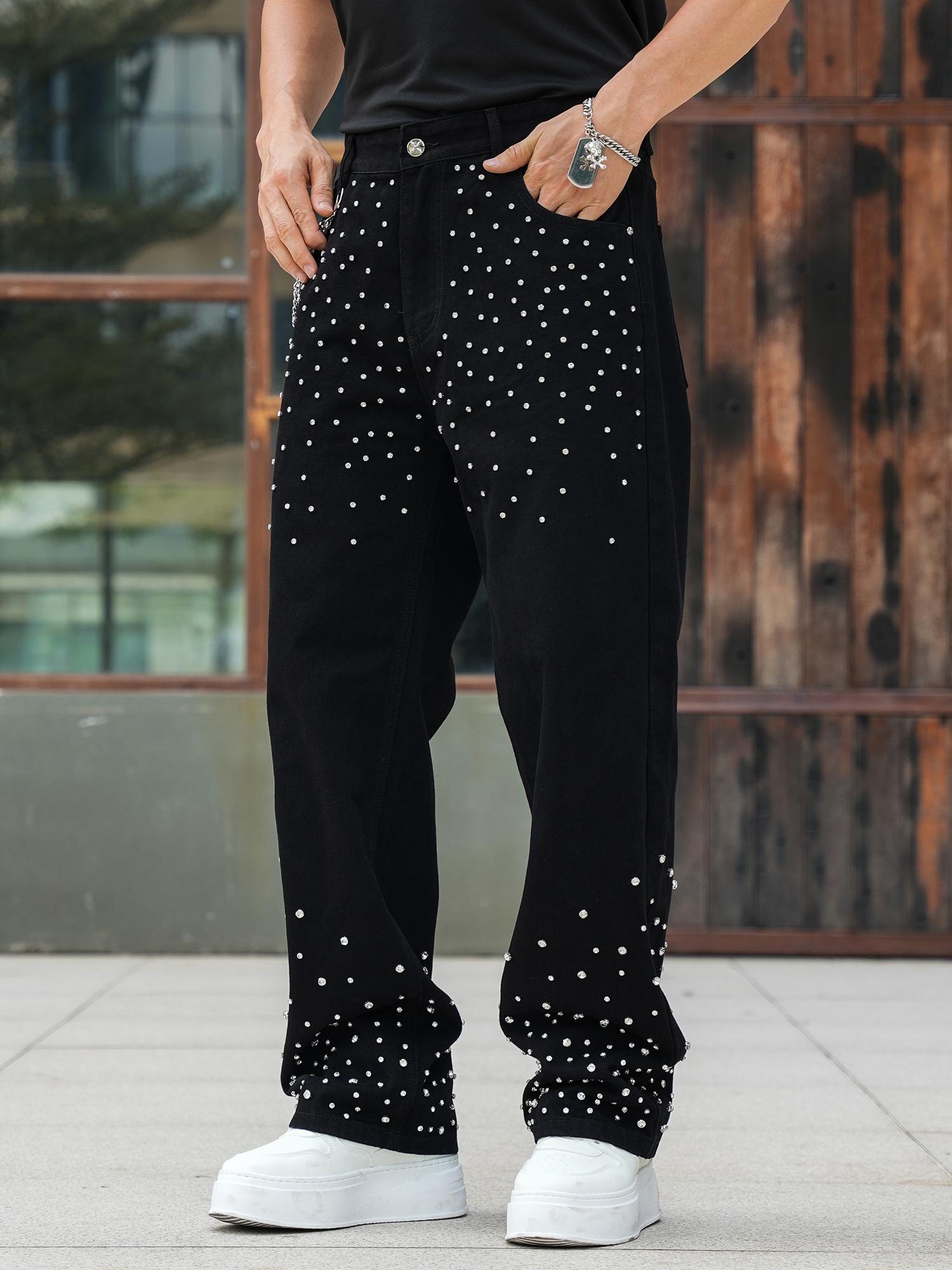 パンツ wide baggy rhinestones slacks Men's Rhinestone-Embellished Baggy Straight Black Jeans, Oversized