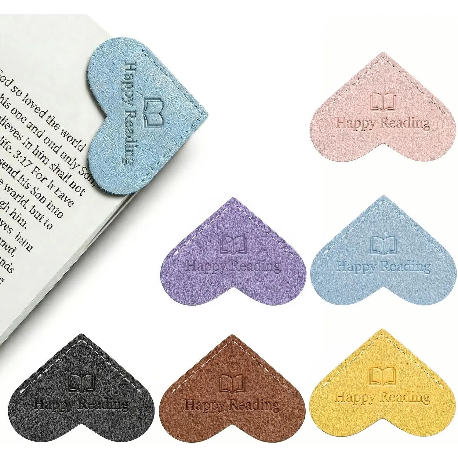 Leather Heart Corner Shape Bookmarks - 6-Count Embossed Text "Happy Reading" Office Stationery for Book Lovers, School & Office Supplies, Book Pages