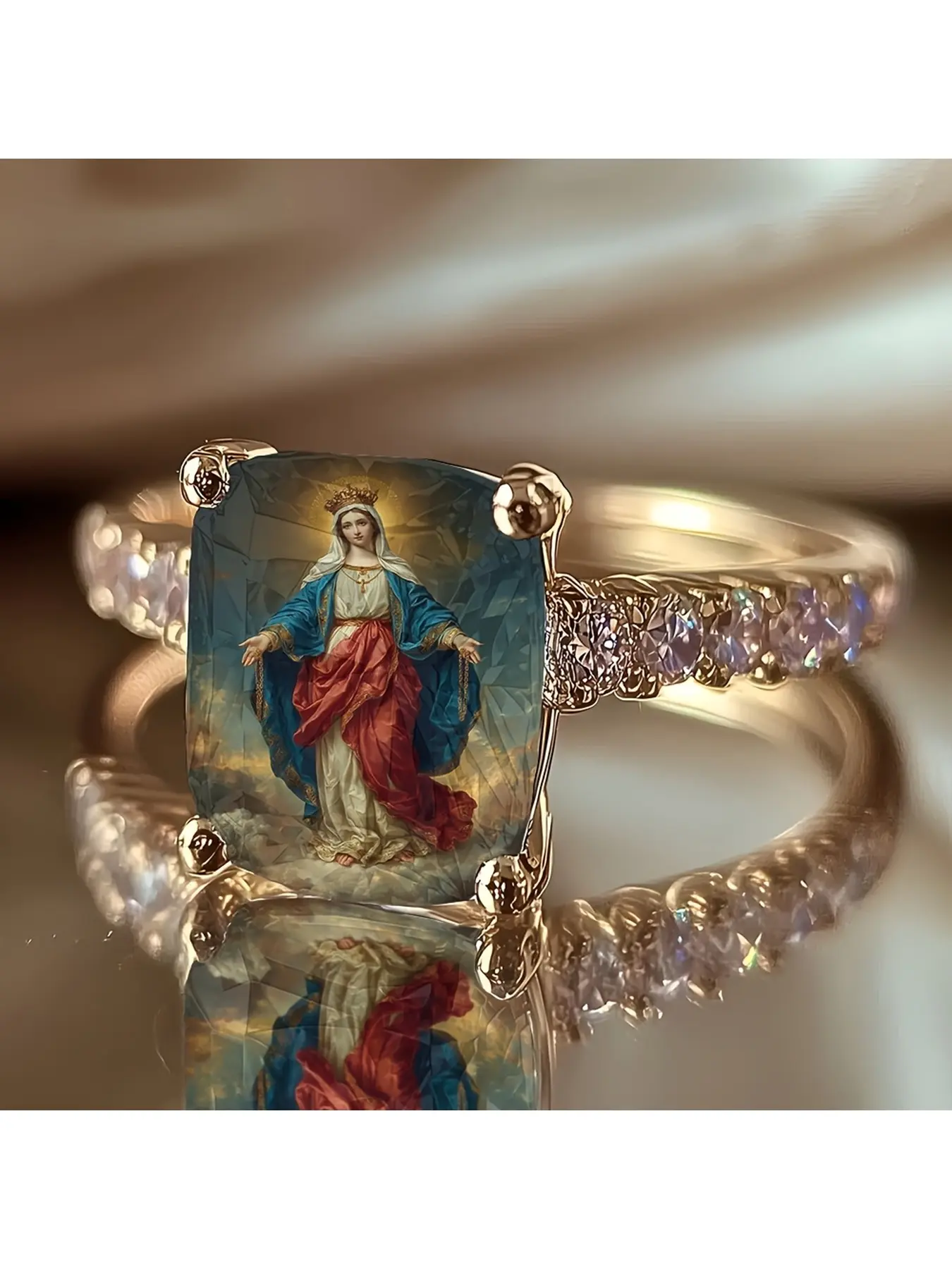 Miraculous Virgin Oil Painting Ring, with diamond-set gold ring band on the side, the Virgin in the clouds extends her hands, in a retro religious painting style, symbolizing grace and protection.