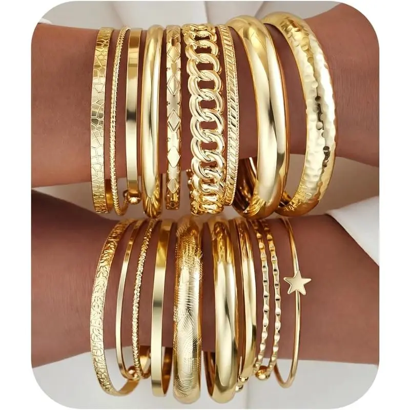 Women's 14K Gold-Plated Chunky Bangles Set - 19Pcs Multi-Stackable Textured Chunky Jewelry Stackable Set, Boho Costume Fashion Accessory Gift