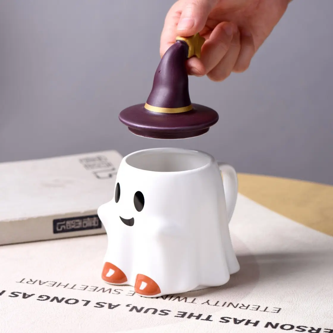 Fun 3D Smiling Ghost Ceramic Cup, Wizard Hat Lid Mugs, Halloween Decor Coffee Tea Cups, Unique Birthday Gift