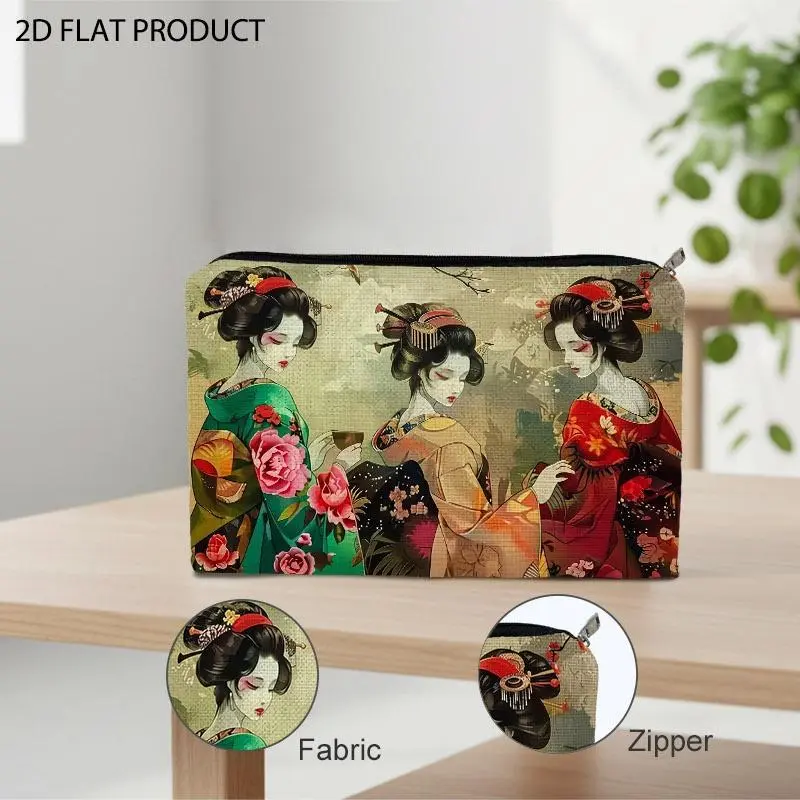 Vintage Japanese Geisha Floral Print Makeup Bag, 5.9*8.66inch Colorful Cosmetic Pouch, Ideal for Halloween, Graduation, Bachelorette Party & Thank You Gift, Daily Cosmetics Organizer for Travel and Home Use