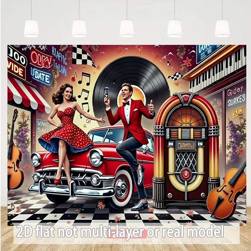 Vintage Rock Background Cloth, 50s Disco Party Wall Decor, Retro Music Theme Photography Backdrop, Indoor Outdoor Decoration, Multiple Sizes, Flat Backdrop