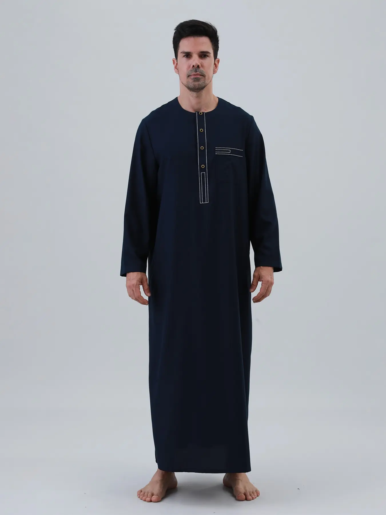 High-Quality Navy Muslim Robe for Men, Round Neck Button Design, Embroidered Details, Middle Eastern Style, Breathable for Spring Summer, Daily Prayer Wear, Ramadan Eid