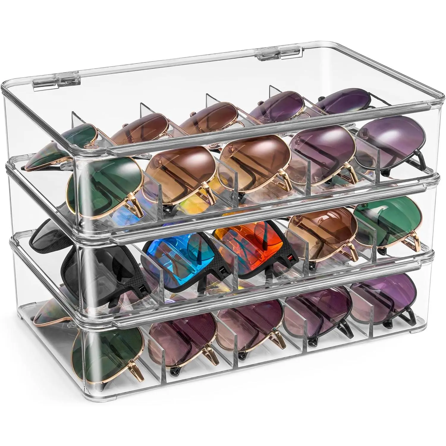Sunglasses Storage Box - Stackable Plastic Glasses Case, Suitable for Multiple Pairs of Glasses - Reading Glasses, Sunglasses Storage Box, with Hinged Lid, for Glasses Display, Includes 5 Compartments (3-Pack): Apparel, Footwear, and Jewelry