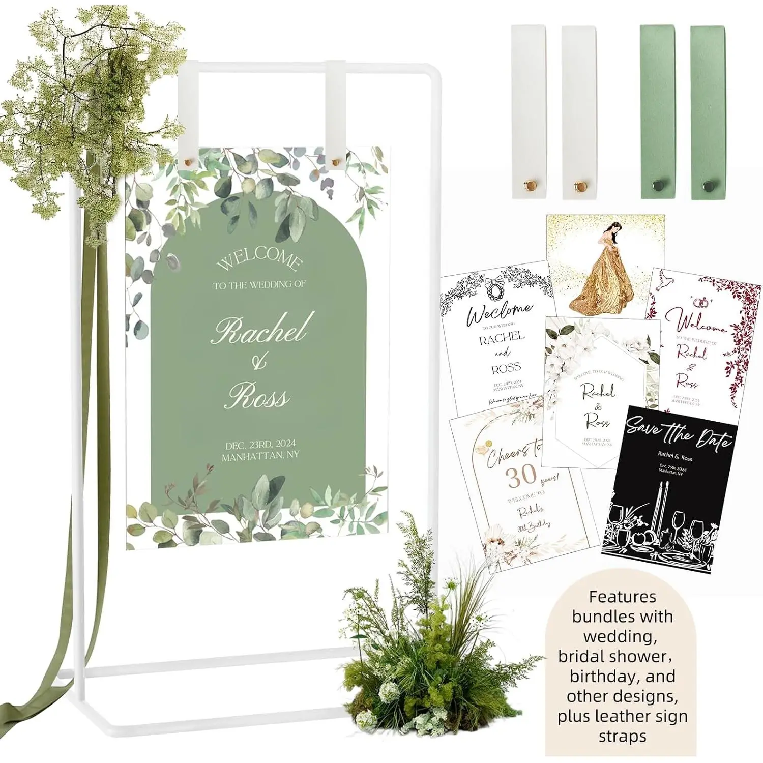 Minimalist Heavy-Duty Metal Adjustable Wedding Sign Holder Easel Set - Decor-Designed Bundle with Leather Hanging Straps for Welcome Sign, Seating Chart Display (White)
