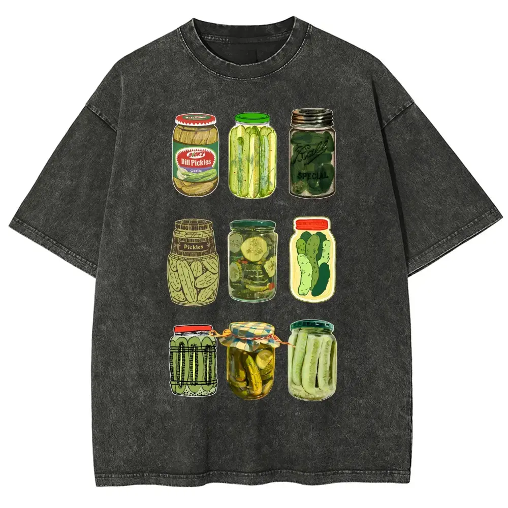 Funny Pickles T Shirt |   Vintage Washed Graphic Tee |   Cute Pickle Jar Print Oversized Shirt |   Casual Streetwear Top for Food Lovers