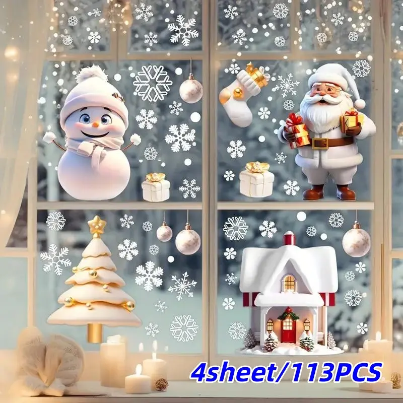 4 Piece Set 113pcs Christmas Window Stickers, Removable Window Decal, PVC Santa Claus Snowman Holiday Decor, Removable Festive Glass Decoration for Christmas