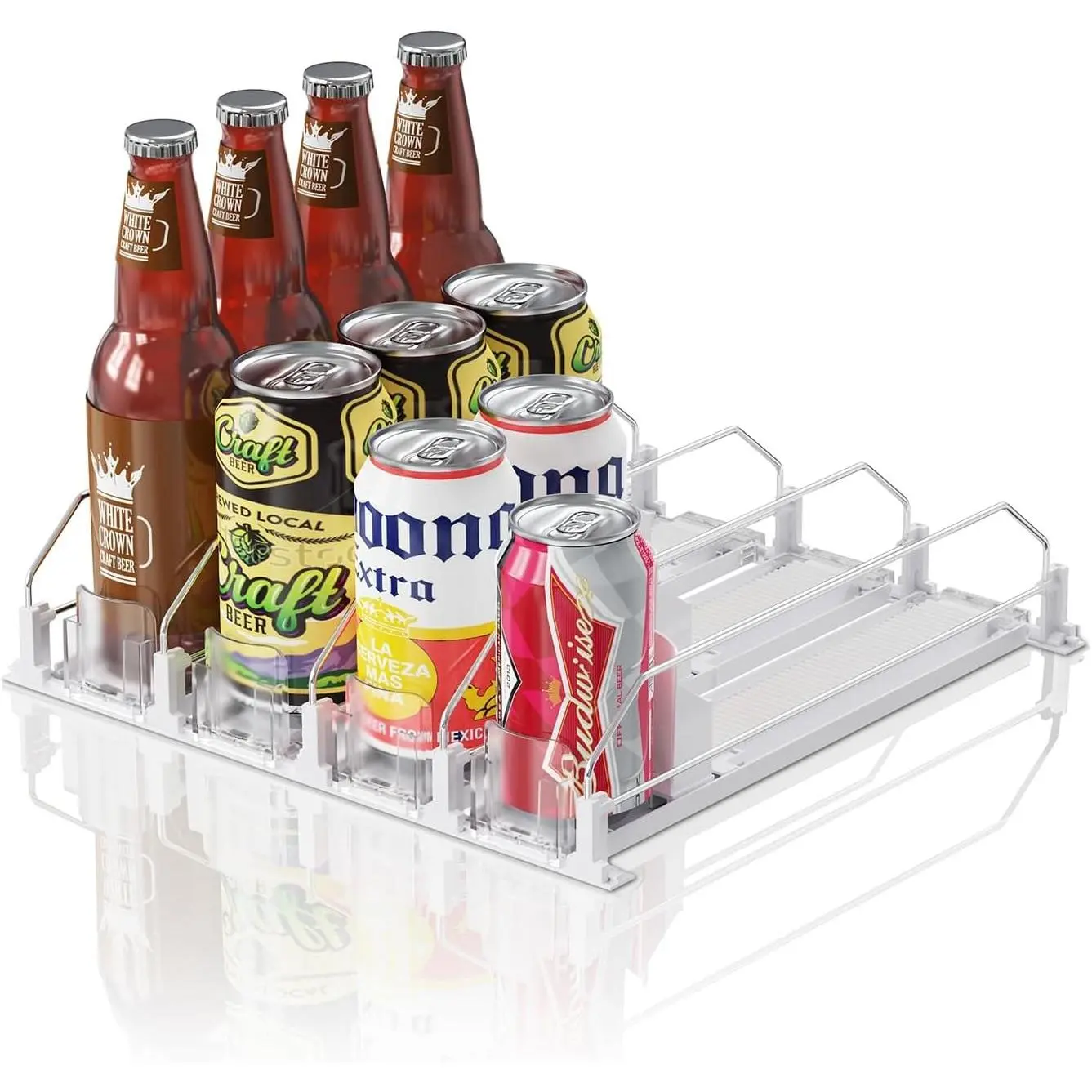 Drink Organizer for Mini Fridge (Fits Depth ≥ 12.2"), 12oz 16oz 20oz Soda Can Dispenser, Width Adjustable Automatic Pusher Glide, 12.2" D 4ROW Holds 16 Cans, White