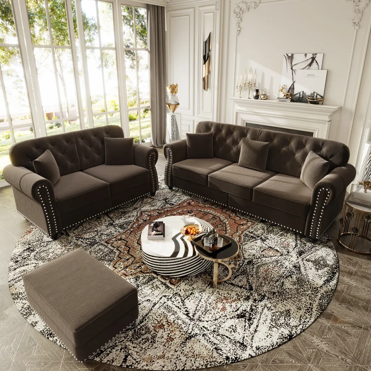 Brown Mid-Century Modern Button Tufted Rolled Arms Chesterfield 2-Seater Velvet Sofa Set - 2-Piece Upholstered Comfy Couch with Nailhead Trim, Sponge Cushioning, Solid Wood Frame, 1 Ottoman, 63"x29.9"x33.8", 31.5"x23.6"x16.5", 300lbs/Seat, Sturdy, Velvet,