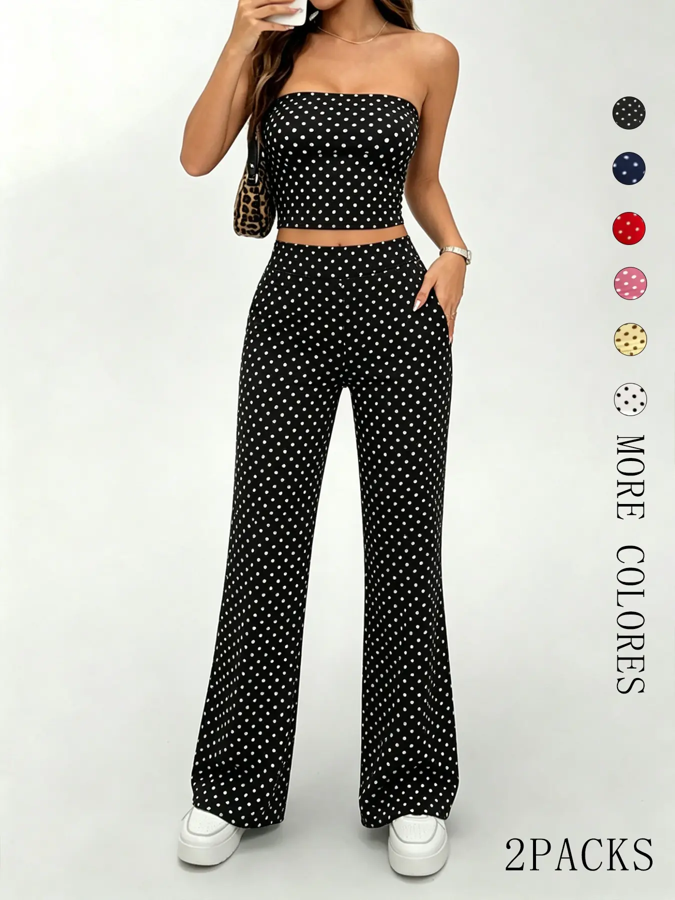 2 Piece Retro Leopard Pajama Set Loungewear, Strapless Fitted Casual Fall Winter, High Waist Flare Pants, French Vintage Y2K Style, Multiple Colors Available