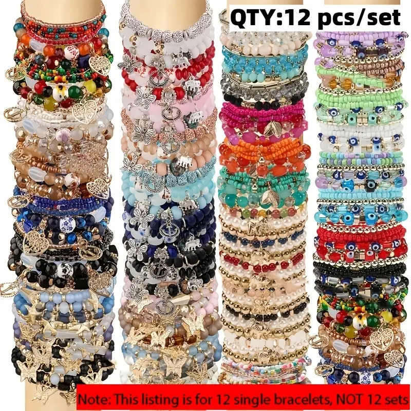 12 Pcs Multi Colored Bead Bracelet Set for Girlfriends To Give Gifts, Versatile Jewelry, Party Style Bead Bracelet, Lucky Bead Bracelet