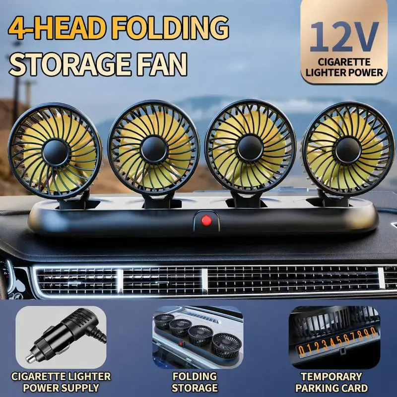 Portable 4-Head Car Cooling Fan, 3-Speed Adjustable 360° Rotating Vehicle Fan with Cigarette Lighter Plug, Powerful Airflow Auto Fan for Cars, RVs, SUVs & Road Trips