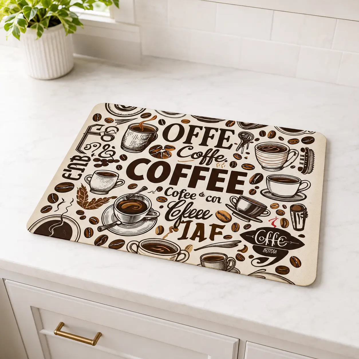 Vintage Hand Drawn Coffee Cup Bean Graffiti Coffee Maker Mat, Retro Cafe Doodle Coffee Station Desk Mat & Placemat, Absorbent Non Slip Rubber Back Countertop Pad, Protective Table Mat for Home Cafe Decor Kitchen Coffee Bar