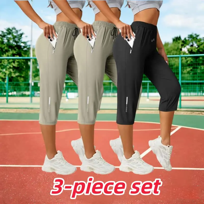 Women's High Stretch Capri Pants, Loose Relaxed Fit Workout Joggers with Elastic Waistband and Zipper Pockets, M, Sporty Chic, Drawstring, Cropped, Running