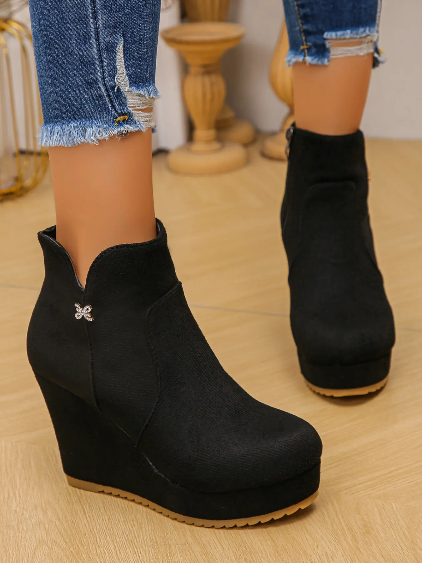 Simple Plain Color Wedge Ankle Boots for Women, Side Zipper Thick Sole Short Boot, Height-Boosting Casual Shoes for All Seasons