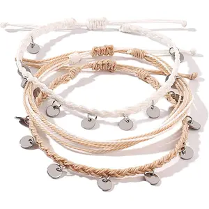 String Ankle Bracelets Waterproof Rope Anklets Braided Beach Boho Coin Anklets Cute Friendship Foot Jewelry for Women