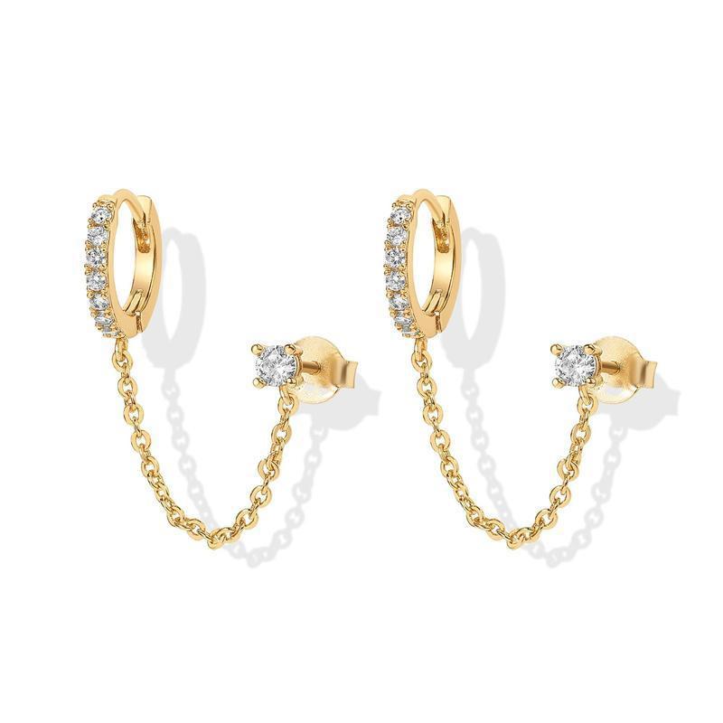 Minimalist Pave CZ Chain Link Hoop Earrings, Gold Plated 2-in-1 Stud & Hoop Earrings, Trendy Statement Jewelry for Daily Wear Gift