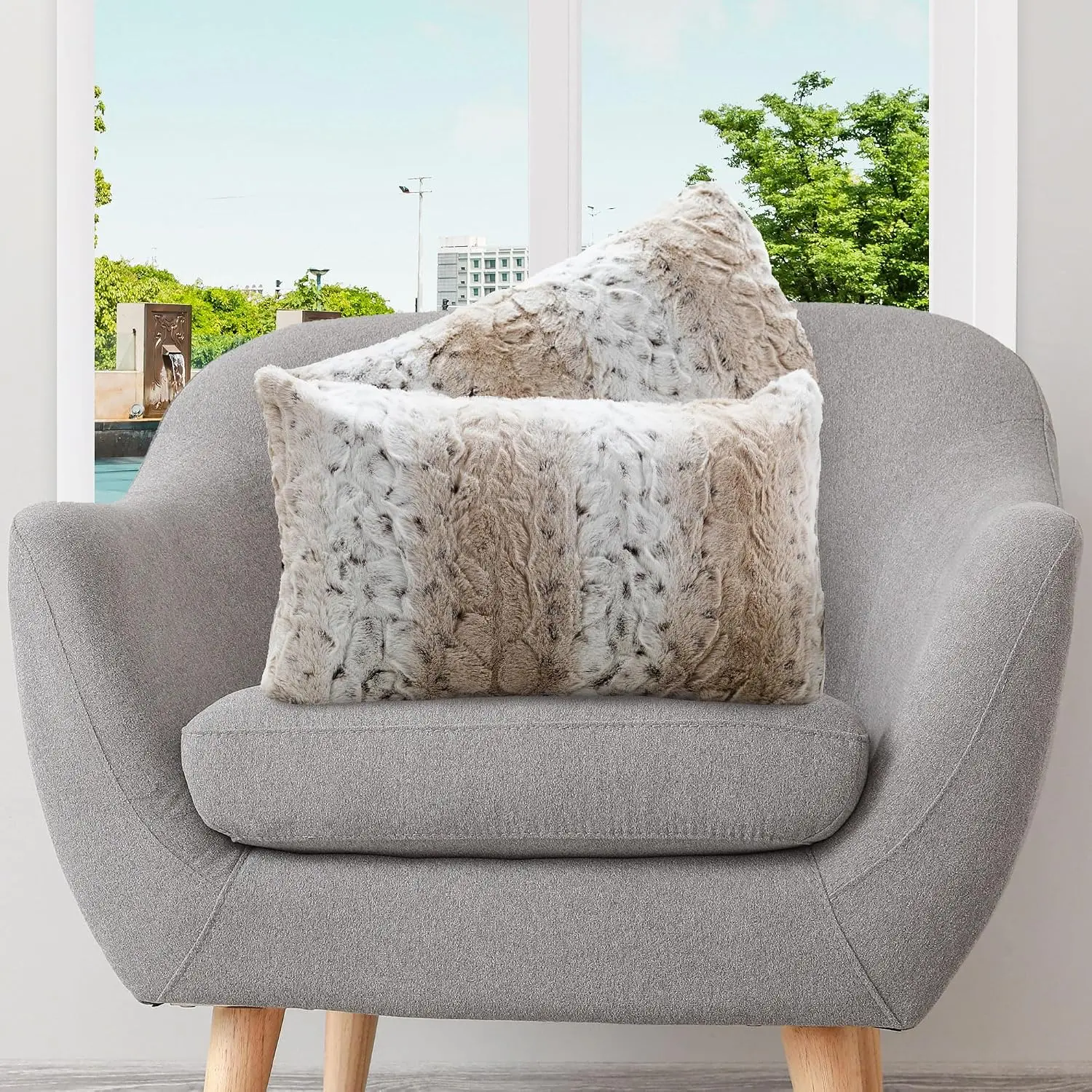Faux  Throw Pillows with Inserts – Set of 2 Decorative Square Couch Pillows, 12” x 20” Snow Leopard Embossed Ombre Design for Sofa, Bed & Living Room Decor