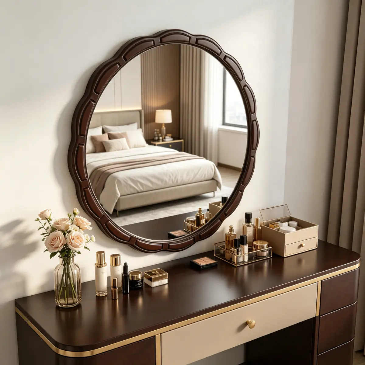 31.5 Inch Round Farmhouse Wall Mirror, Solid Hand-Carved Walnut Brown Wooden Frame, Explosion-Proof HD Glass, Rustic Decorative Hanging Mirror, Waterproof Anti-Fade Wall Mount Mirror for Indoor Home Space Decoration
