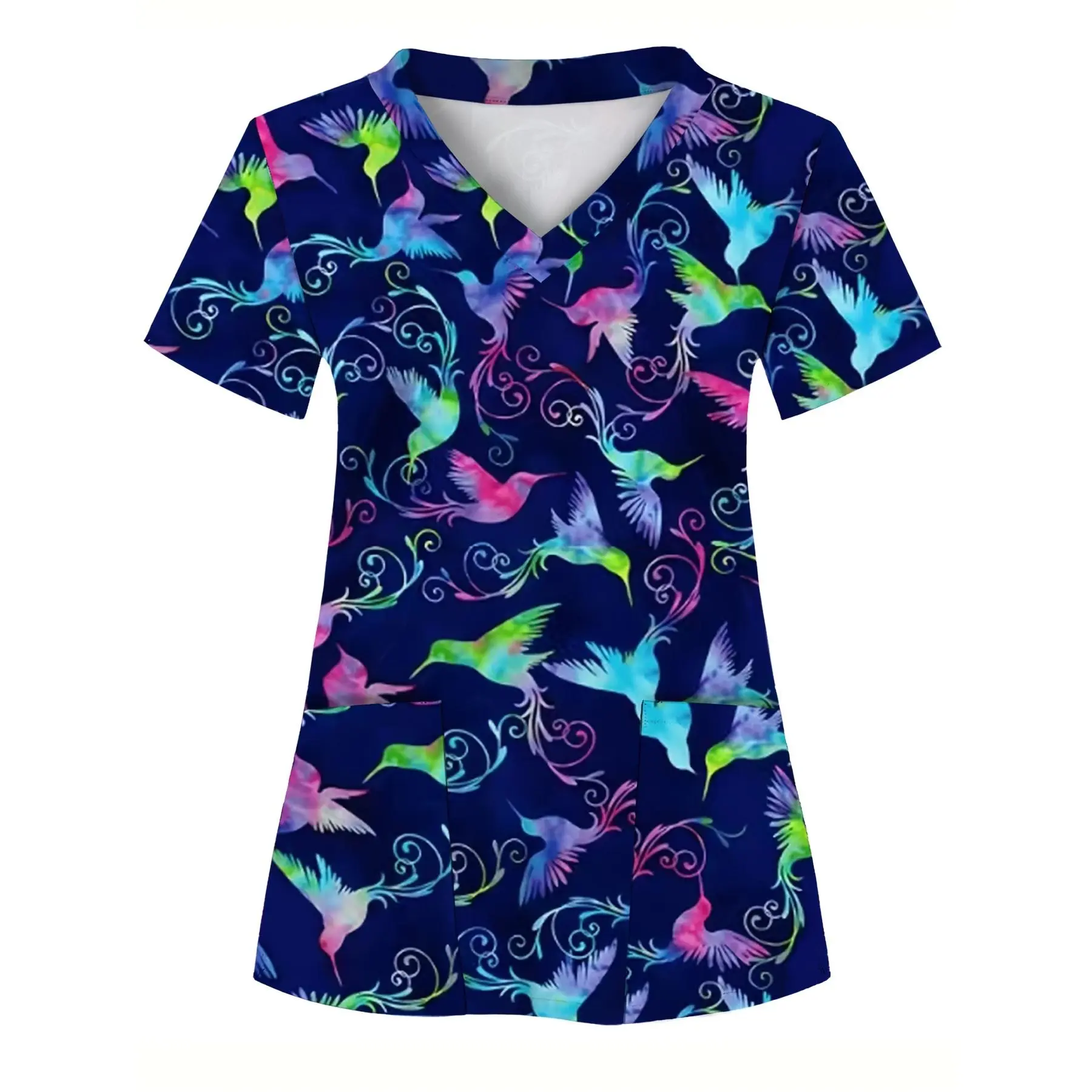Full-body print, colorful bird pattern, Women's scrub top with two pockets - comfortable, breathable, and practical uniform suitable for professionals in hospitals, dental clinics, beauty salons, and healthcare institutions. Nurse workwear