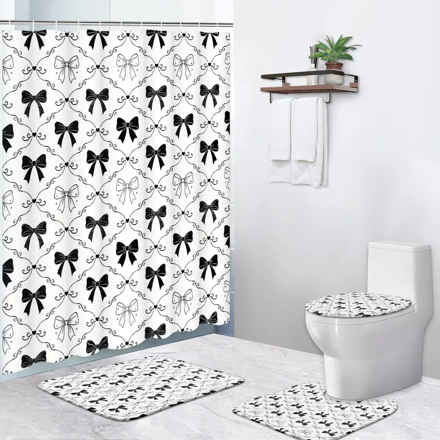 72x72" Girly 4-Pc Shower Set - Bow Coquette Waterproof Bathroom Set with Non-Slip Rug, Lid Cover, Bath Mat, Easy Installation, Bath Safety, Girly House Accessories, Bathroom Decor Ideas, Fiber Fabric, Home Use