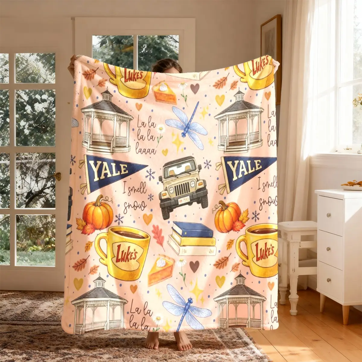 Gilmore Autumn Town Pattern Flannel Blanket, Large Size, Soft and Lightweight, Perfect for All Seasons, Ideal for Bed, Sofa, Office, Camping, Travel