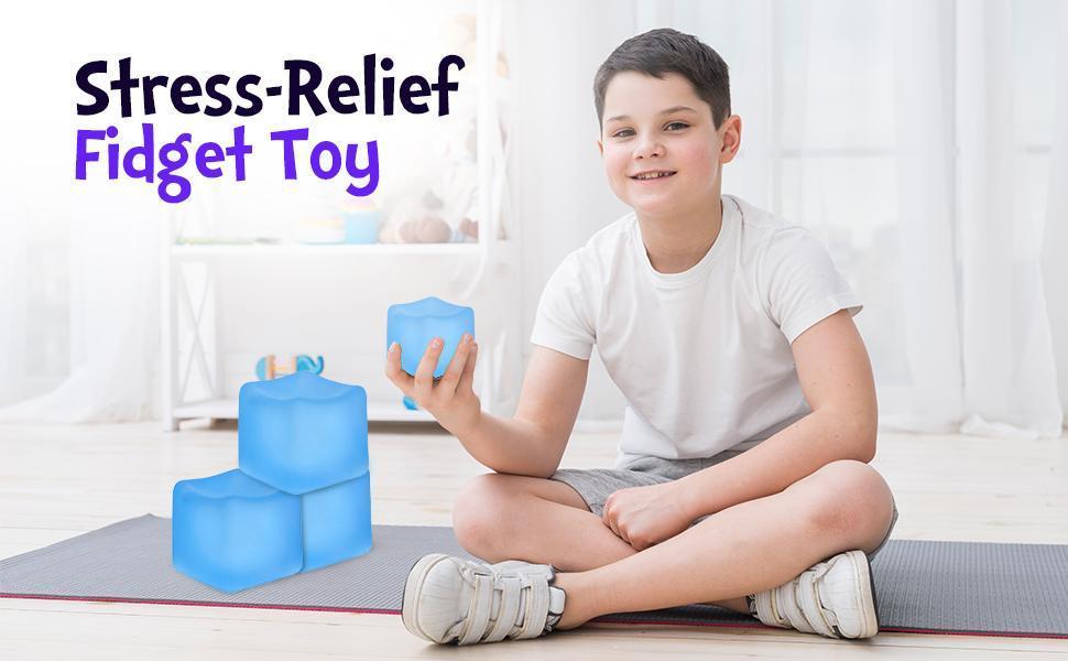 Sensory Square Stress Cube – 2.17" Ice Cube Squishy Toy for Kids & Adults, Non-Toxic Fidget Cube & Stress Relief Ball for Anxiety (Blue)