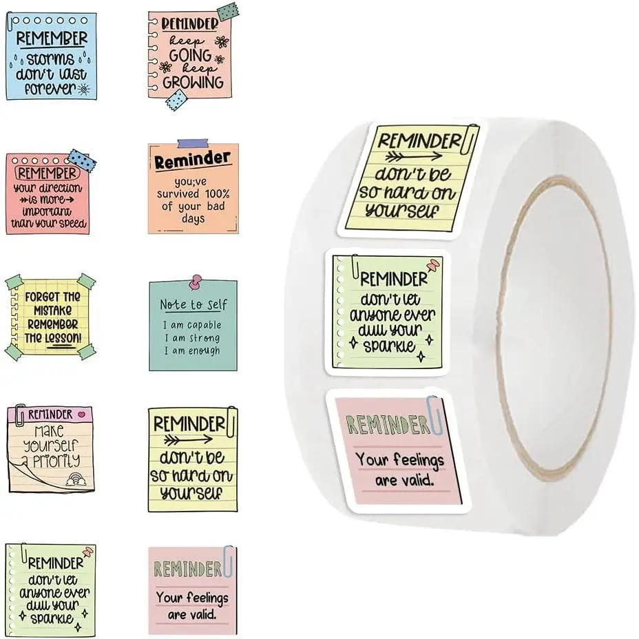 500 count Inspiring Planner Stickers 1Roll Inspirational Quote Label Watercolor Motivational Encouraging Reminder Stickers Positive Words Seal  Adhesive for Phone, Book, Envelope (Reminder)
