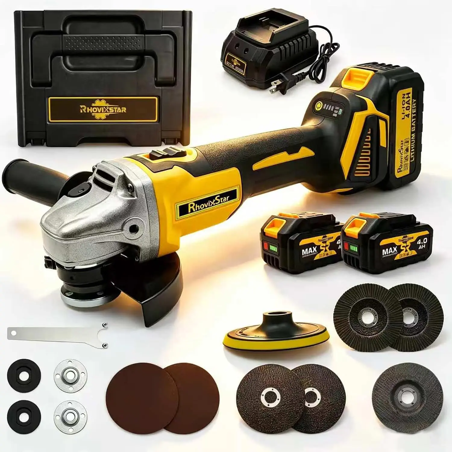 3/8"-16-21V Brushless Motor Angle Grinder Kit Set, Cut-Off Tool with 2x4.0Ah Batteries & Charger, Grinding Accessories for Cutting, Polishing
