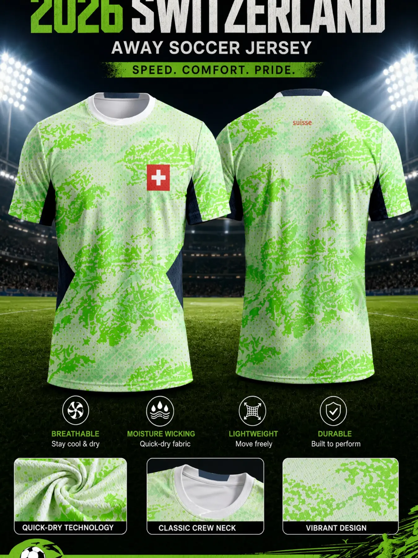 2026 Swiss Soccer Jersey, Classic Round Neck Lightweight High-Performance T-Shirt, Breathable Mesh Material, Sportswear